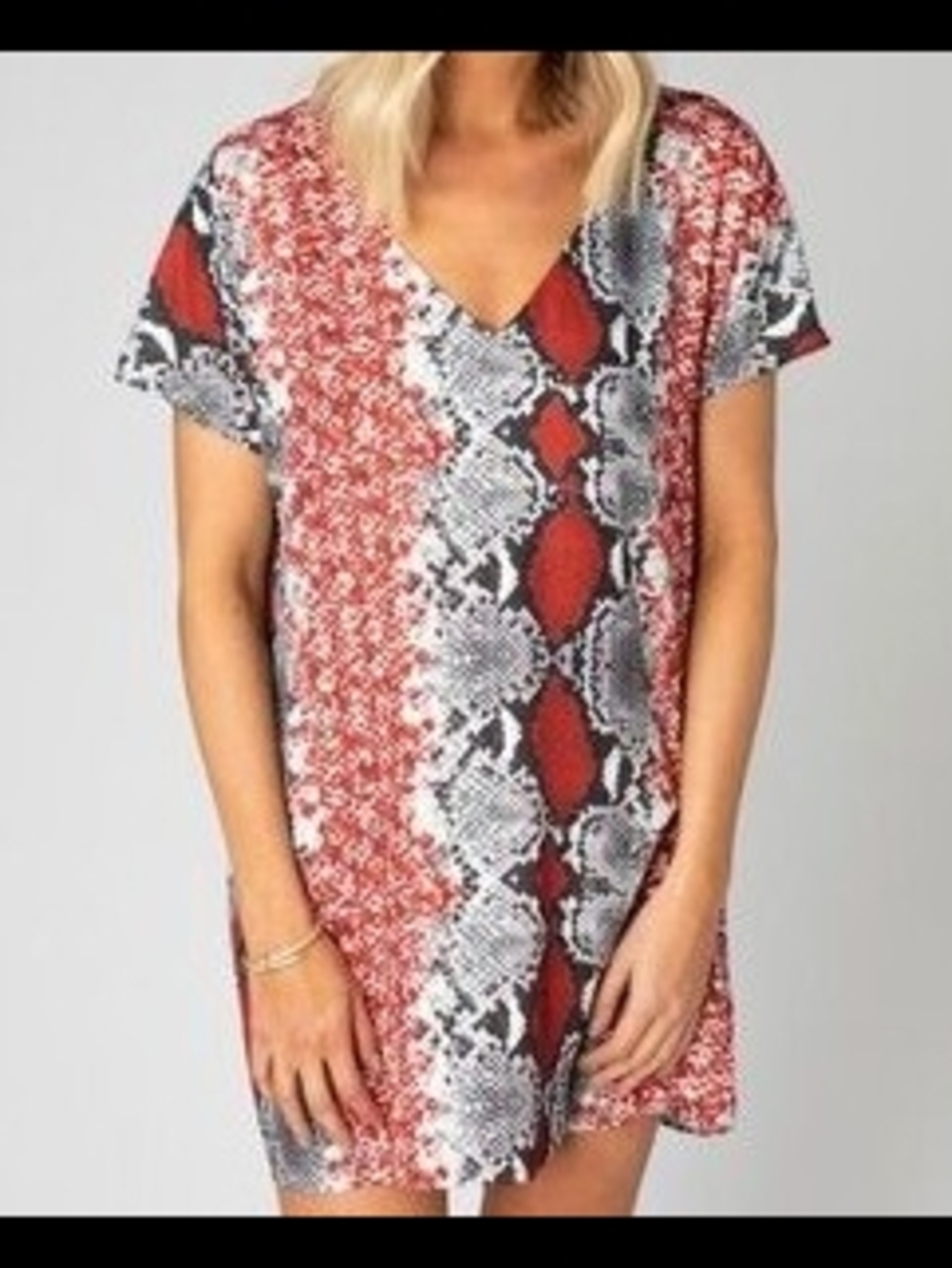 Buddy Love NWT Red/White/Black Snake-Print V-Neck Lined Mini Dress Misses Med